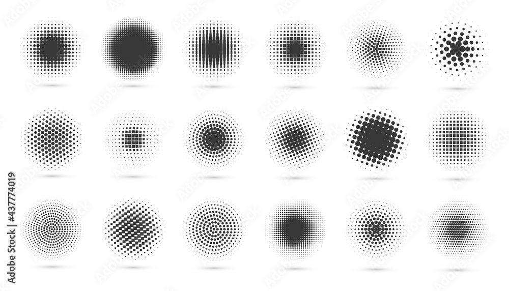 Wall mural circle halftone set. modern dotted circles halftones. black dotwork gradients