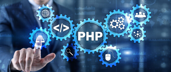 PHP coding Concept. Programmer search. Technology Background