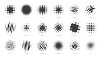 Circle halftone set. Modern dotted circles halftones. Black dotwork gradients