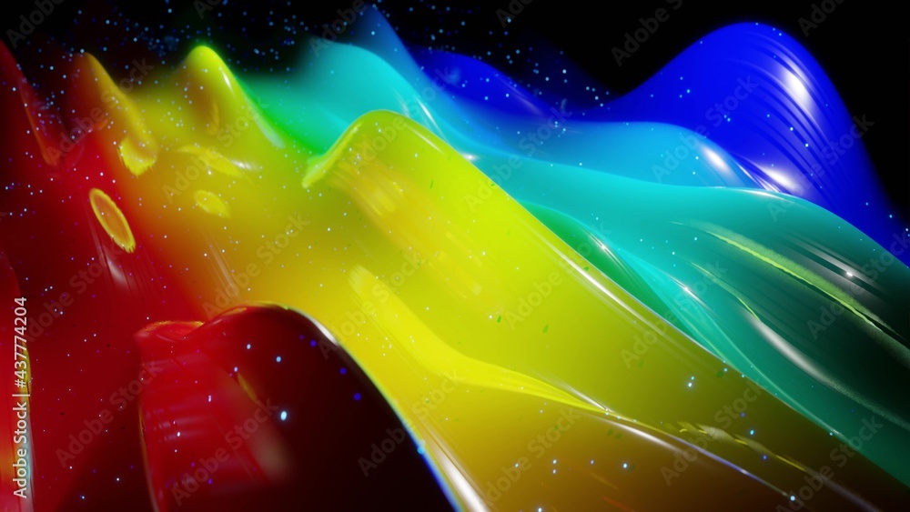 Poster 3d rendering. abstract 3d surface with beautiful waves, luminous sparkles and bright rainbow color g