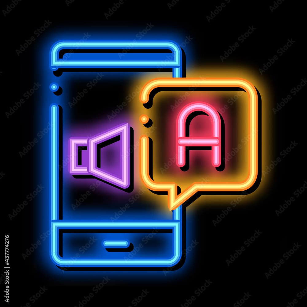 Poster smartphone translator app neon light sign vector. glowing bright icon dynamic on smartphone screen a