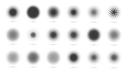 Circle halftone set. Modern dotted circles halftones. Black dotwork gradients. Vector illustration.