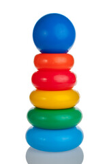 children's toy for kids pyramid multi-colored rings of different sizes with a ball on top, isolated on a white background