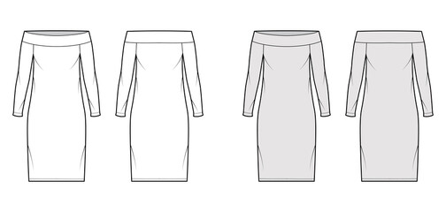 Dress off-the-shoulder Bardot technical fashion illustration with long sleeves, oversized body, knee length pencil skirt. Flat apparel front, back, white, grey color style. Women men unisex CAD mockup