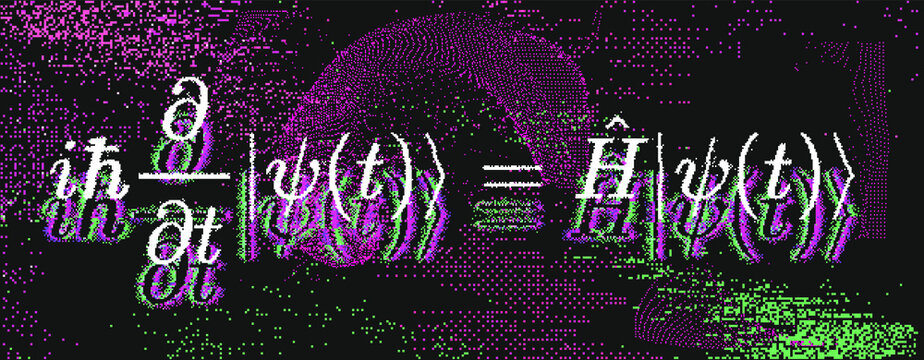 Position-space Schrodinger equation for a single nonrelativistic particle in one dimension. Conceptual illustration of the particle field in pixel art style.