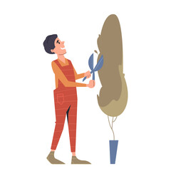 A man gardener in uniform cuts a bush with scissors. Hedge care. Professional garden service. Landscape design. Vector illustration in cartoon flat style. Isolated clipart on white background