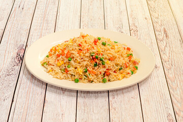 Rice three delicacies in Chinese restaurant tray