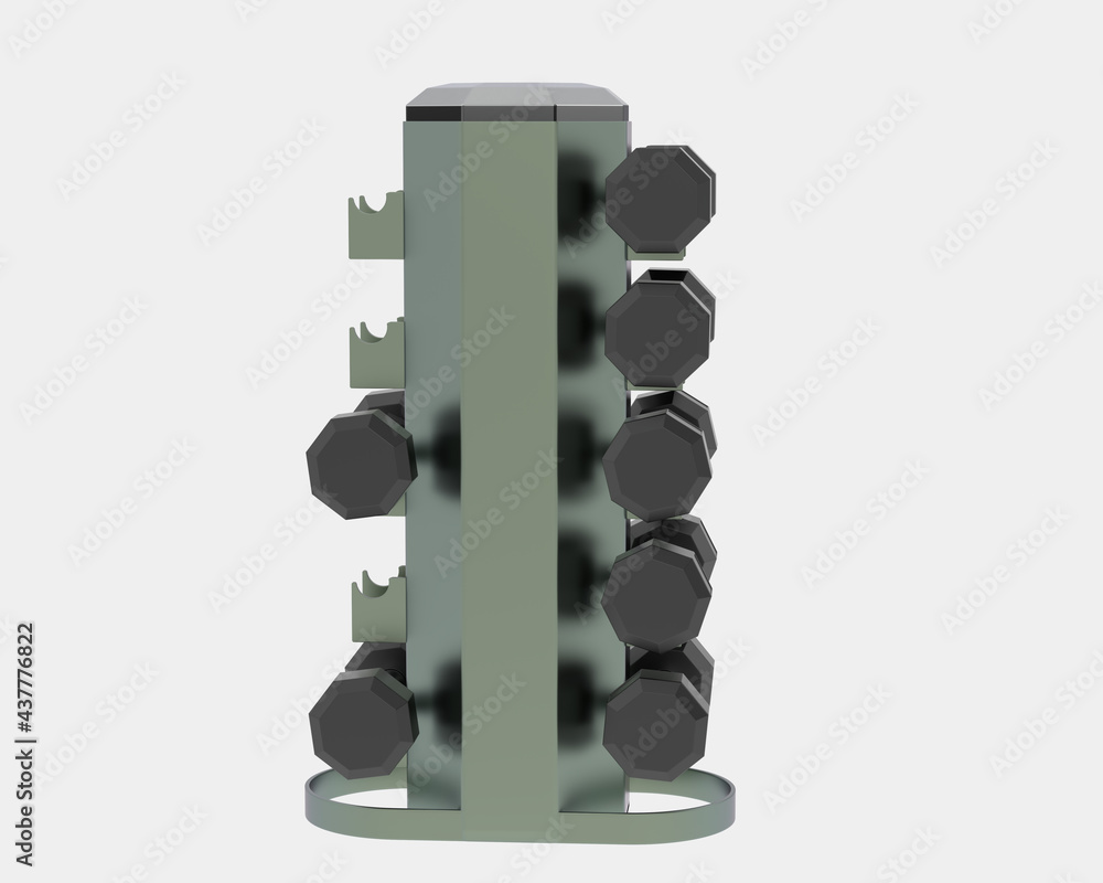 Poster dumbbells on rack isolated on background. 3d rendering - illustration