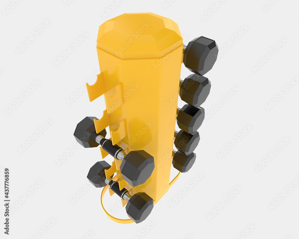Poster dumbbells on rack isolated on background. 3d rendering - illustration