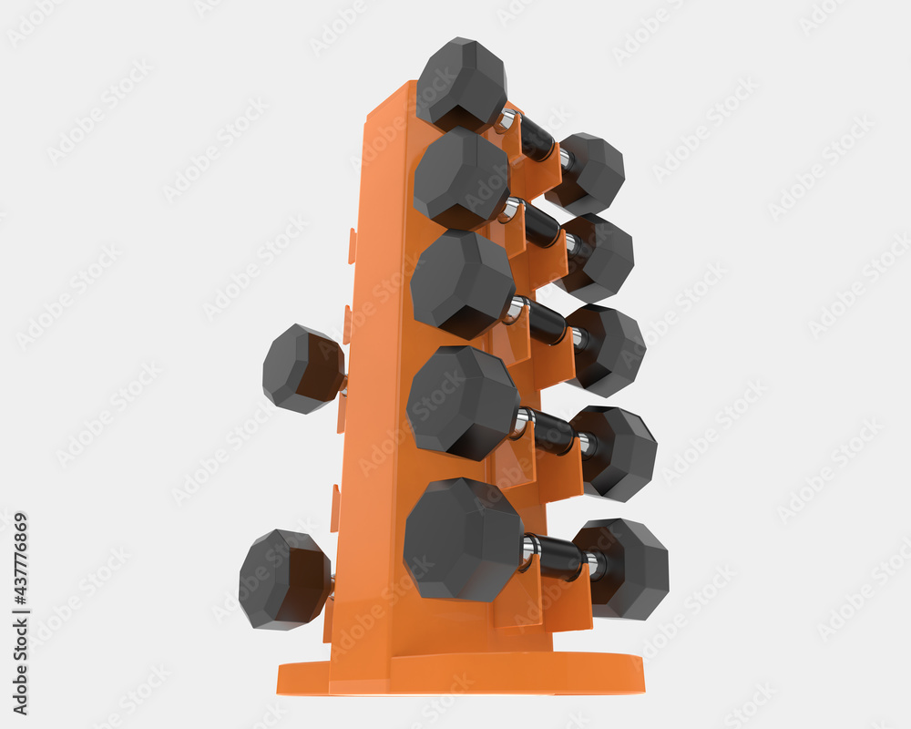 Poster dumbbells on rack isolated on background. 3d rendering - illustration