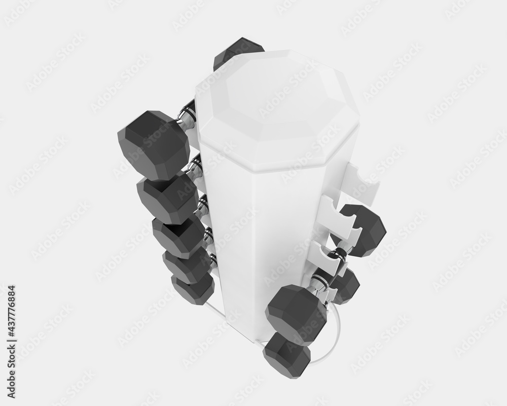 Poster dumbbells on rack isolated on background. 3d rendering - illustration