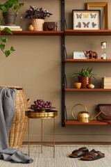 Modern retro concept of living room interior with stylish furniture, book, picture frame, decoration and elegant personal accessoreis in home decor. Template. Neutral background wall.