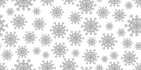 Winter seamless pattern with grey snowflakes on white background. Vector illustration for fabric, textile wallpaper, posters, gift wrapping paper. Christmas vector illustration. Falling snow
