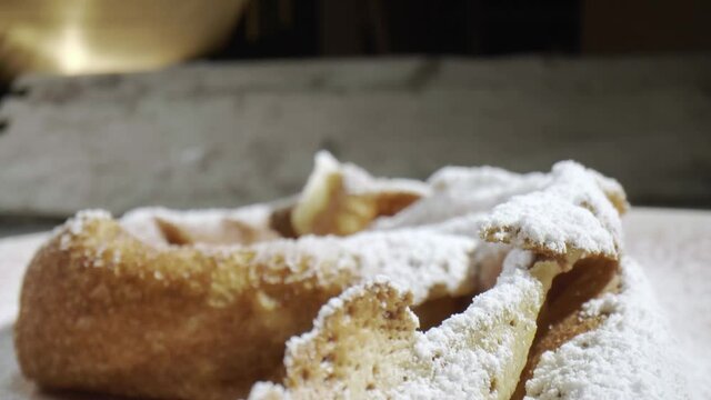 Fascinating probelens super closeup macro dolly shot of pancake with jam