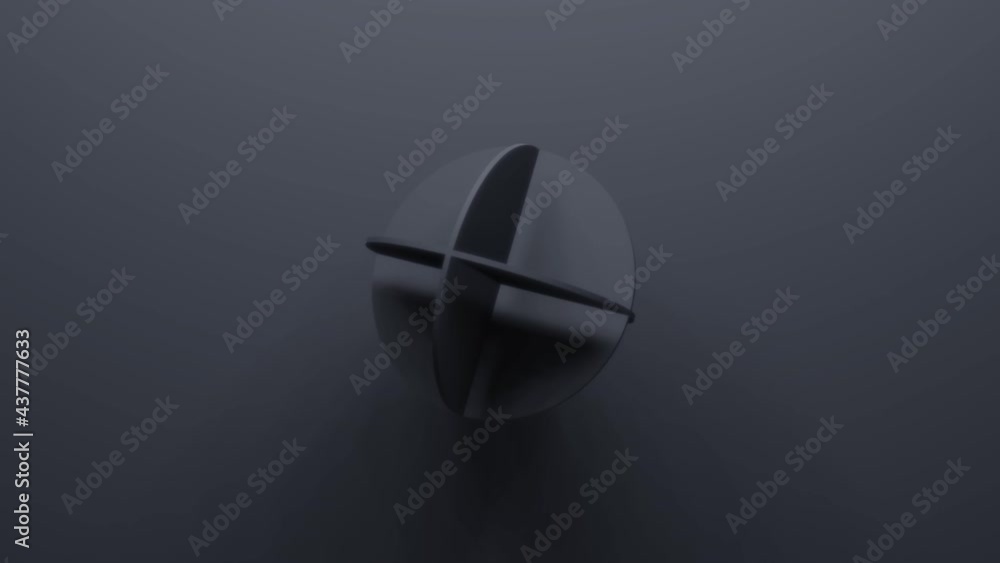 Poster 3d rendering black geometric shape rotates in random direction. abstract simple seamless loop animat