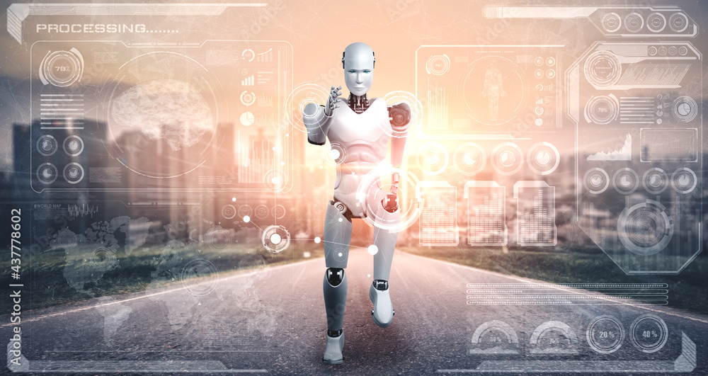 Aufkleber running robot humanoid showing fast movement and vital energy in concept of future innovation develo