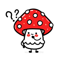 Cute funny amanita mushroom with question marks. Vector hand drawn cartoon kawaii character illustration icon. Isolated on white background. Funny amanita mushroom mascot character concept