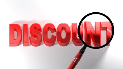 DISCOUNT red write on white surface, under magnifier lens - 3D rendering illustration