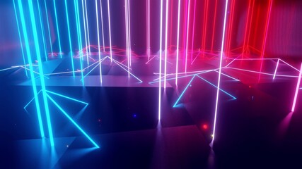 Neon linear lamps with gradient glow of red-blue color over a low poly surface onto which luminous multi-colored balls fall. Abstract dark creative background with neon light. Vertical neon lamps - obrazy, fototapety, plakaty
