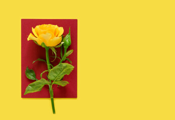 Floral arrangement, web banner with yellow roses, and leaves on  table background. Minimalistic concept for the spring holidays.