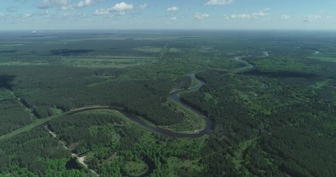 River Uzh in the area of ​​the Chernobyl exclusion zone. Aerial. Ukraine. 