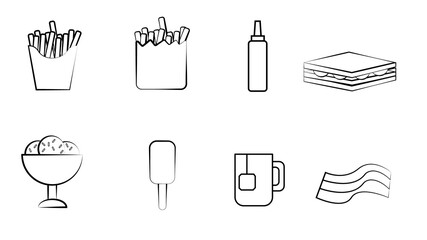 Black and white set of eight icons of delicious food and snacks items for a restaurant bar cafe on a white background: fries, sandwich, ketchup, ice cream, tea, bacon