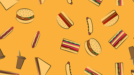 Endless yellow seamless pattern from a set of icons of delicious food and snacks items for a restaurant bar cafe: burger, sandwich, hot dog, coffee. The background