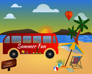 Seaside view on beautiful sunny beach with, palm tree, beach ball, bucket, shovel hot air balloon and a minivan. Summer vacation concept vector.