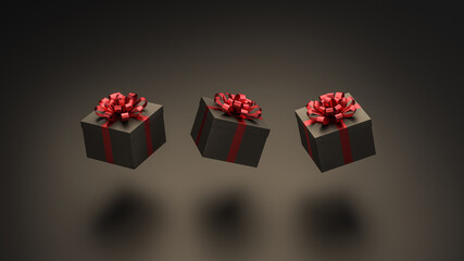 Black gift boxes with red ribbon, on black background. Concept for holidays. 3D Rendering