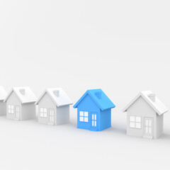 Blue house among white houses, on white background. Hunting and searching concept. 3D Rendering