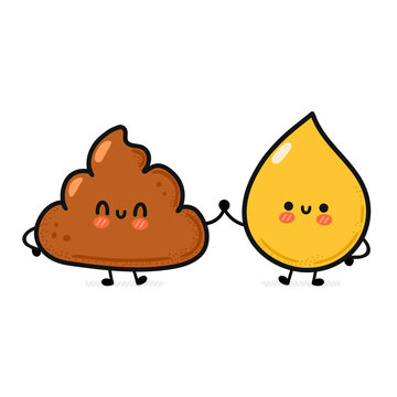 Cute funny happy poop and urine drop friends. Vector hand drawn cartoon kawaii character illustration icon. Isolated on white background. Funny cartoon poop, shit and urine mascot character concept