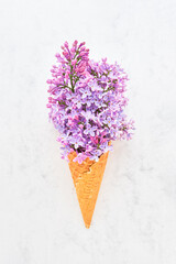 Waffle ice cream cone with pink lilac blossom flowers on a white marble background. Spring concept