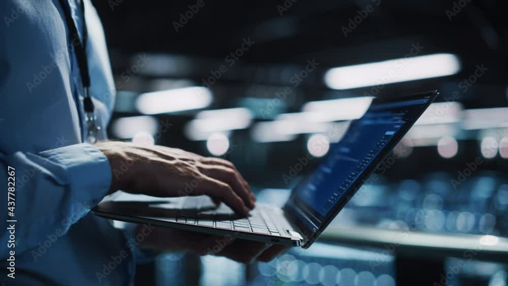 Fototapete Data Center Programmer Using Digital Laptop Computer, Maintenance IT Specialist. Cloud Computing Server Farm System Administrator Working on Cyber Security for Iaas, saas, paas. Closeup Focus on Hands