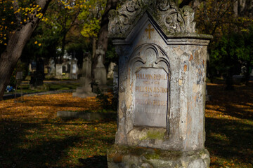An ancient tombstone (from 1940s) at the Ondrejsk&yacute; cintor&iacute;n (St. Andrew's Cemetery) in Bratislava. Bratislava, Slovakia. 2020-11-07.