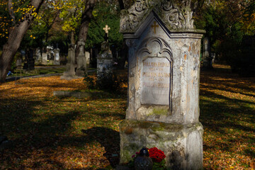 Fototapeta premium An ancient tombstone (from 1940s) at the Ondrejský cintorín (St. Andrew's Cemetery) in Bratislava. Bratislava, Slovakia. 2020-11-07.