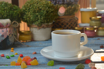 cup of coffee on table in cafe ,Morning light