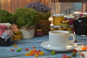 cup of coffee on table in cafe ,Morning light