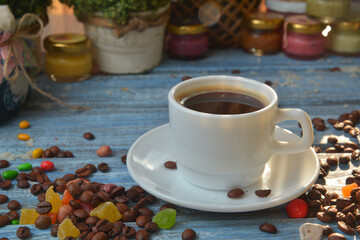 cup of coffee on table in cafe ,Morning light