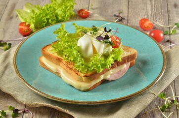 Fresh Healthy Breakfast Poached egg on piece of rye bread with Avocado slices,Spinach on rustick background