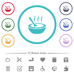 Steaming bowl of soup with spoon flat color icons in circle shape outlines