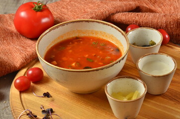 borsch, russian solyanka soup, national food on rustick background