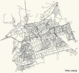 Black simple detailed street roads map on vintage beige background of the quarter West district of Leipzig, Germany