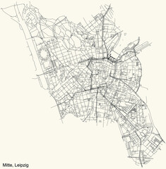 Black simple detailed street roads map on vintage beige background of the quarter Center (Mitte) district of Leipzig, Germany
