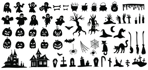 Fototapeta na wymiar Set of silhouettes of Halloween doodle style vector on a white background. Black spooky elements for your design. Hand drawn