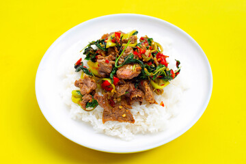 Rice topped with stir-fried beef with holy basil