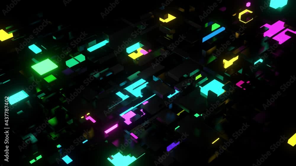 Poster abstract looped 4k dark background neon cubes light bulbs. visualisation of working ai bigdata or bl