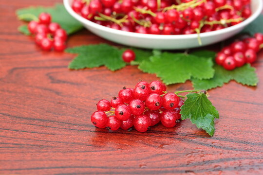 Beautiful ripe red currant berries and leaves on the table close up