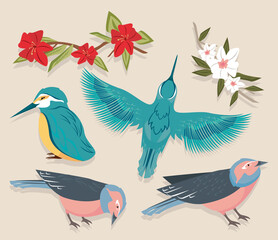 four birds and flowers
