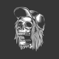 Original monochrome vector illustration in vintage style. A skull with an open mouth, a baseball cap, and long hair.