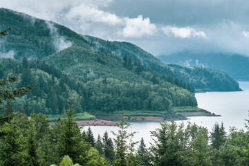 Foggy Rainy Weather on A Spring Morning at Riffee Lake Washington Overlook